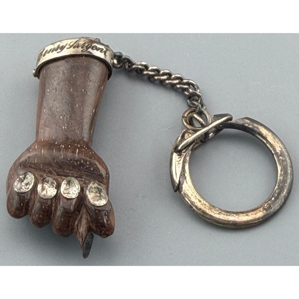 Vintage Figa Hand Keychain XRF Tested Silver Carved Wood Lucky Fist Zitrin Box
